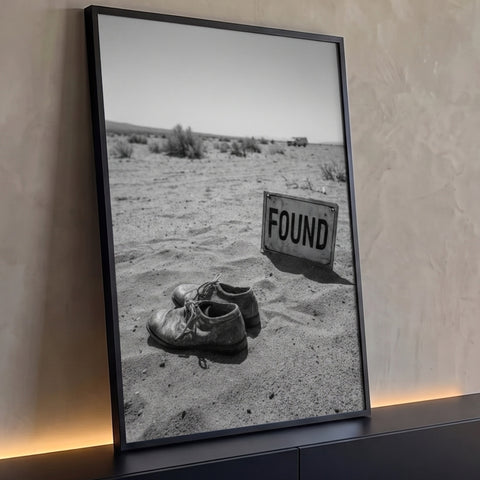 Sapatos velhos na areia do deserto com placa FOUND e carro ao fundo em preto e branco, quadro decorativo