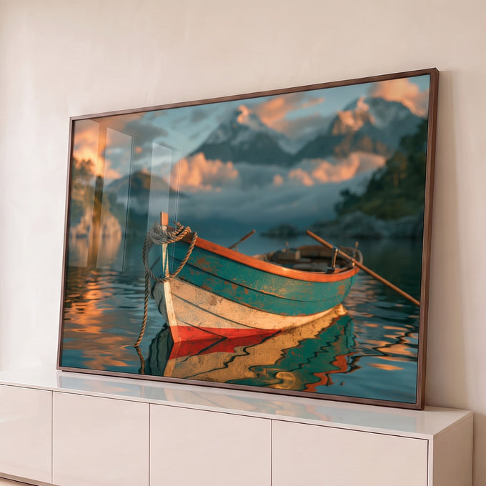 Quadro Decorativo Barco a Remo Verde com Montanhas | quadros decorativos para sala | barco de madeira verde e vermelho em água calma com montanhas ao fundo | Porao dos Quadros