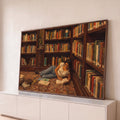 Quadro Decorativo Grande Mulher Lendo Marrom para Escritório | quadros decorativos para sala | mulher deitada lendo livro no chão entre estantes repletas de livros coloridos | Porao dos Quadros