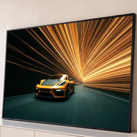 Carro esportivo amarelo em túnel com rastros de luz laranja e dourada em movimento, quadro decorativo