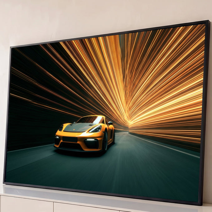 Carro esportivo amarelo em túnel com rastros de luz laranja e dourada em movimento, quadro decorativo