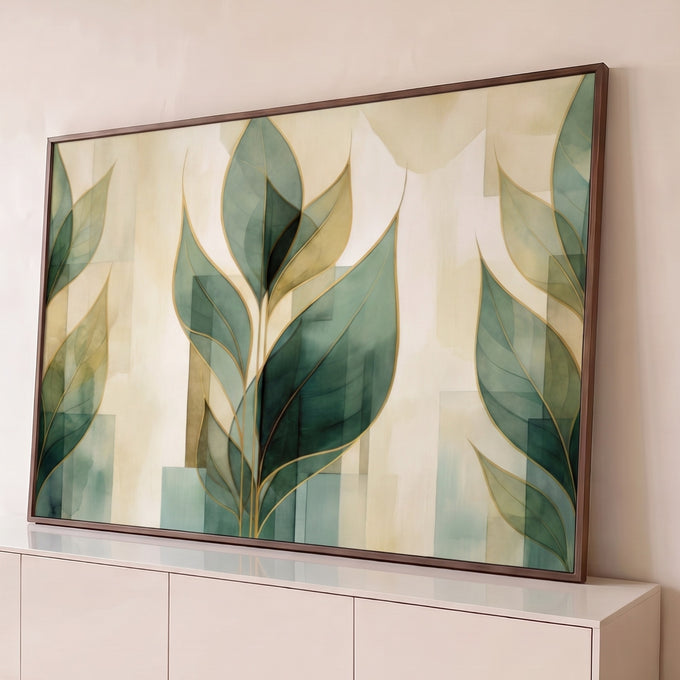 Quadro Decorativo Grande Folhas Verdes para Sala Verde | quadros decorativos para sala | folhas estilizadas verdes com contorno dourado sobre fundo bege geométrico | Porao dos Quadros