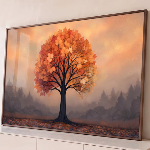 Árvore de copa laranja com folhas de outono, céu estrelado e pinheiros na neblina, quadro decorativo