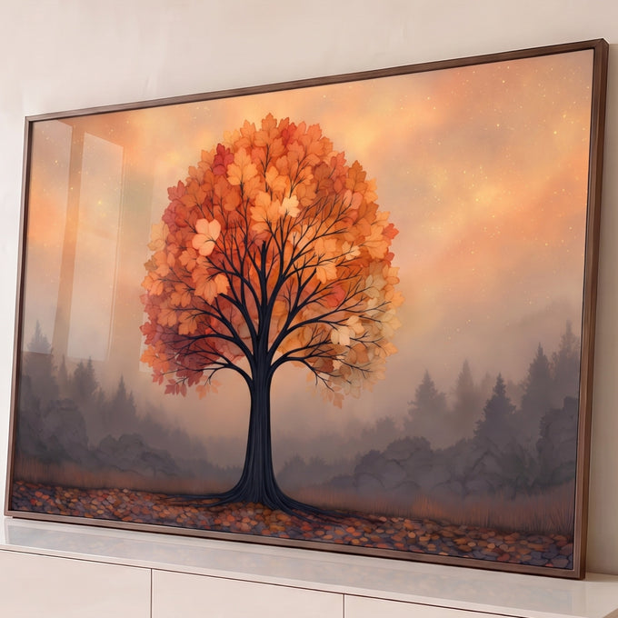 Árvore de copa laranja com folhas de outono, céu estrelado e pinheiros na neblina, quadro decorativo