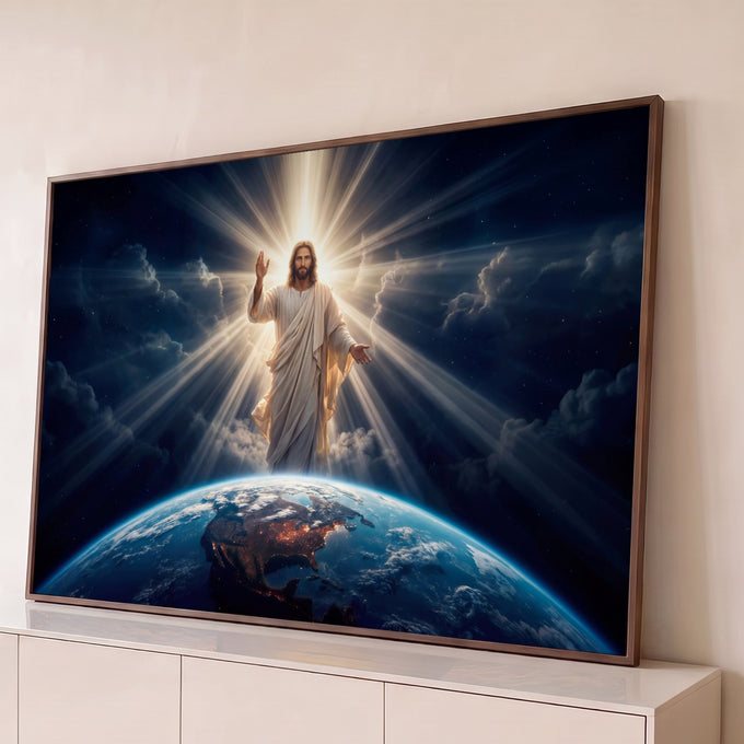 Jesus Cristo de manto branco abençoando o planeta Terra entre raios de luz e céu estrelado, quadro decorativo