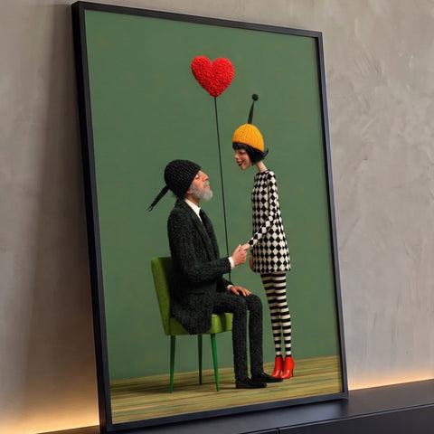 Casal de mãos dadas em estilo 3D com coração vermelho de lã sobre fundo verde, quadro decorativo