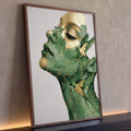 Quadro Decorativo Grande Rosto Feminino para Sala Verde | quadros decorativos para sala | rosto feminino em perfil com textura de mármore verde e veios dourados, pássaros ao redor do pescoço | Porao dos Quadros