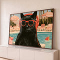 Quadro Decorativo Gato Preto de Óculos e Fone na Piscina | quadros decorativos para sala | gato preto com óculos e fone vermelhos em cenário de piscina retrô | Porao dos Quadros