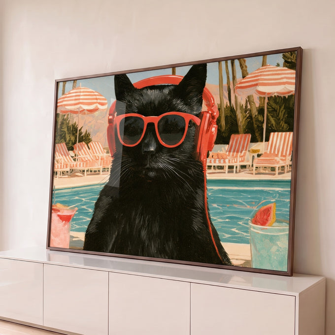 Quadro Decorativo Gato Preto de Óculos e Fone na Piscina | quadros decorativos para sala | gato preto com óculos e fone vermelhos em cenário de piscina retrô | Porao dos Quadros