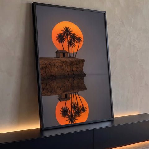Sol laranja atrás de palmeiras e cabana no penhasco, refletidos em água calma sob céu cinza, quadro decorativo