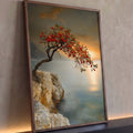 Quadro Decorativo Grande Árvore com Frutos para Sala Laranja | quadros decorativos para sala | árvore com frutos vermelhos inclinada sobre penhasco com pôr do sol ao fundo | Porao dos Quadros