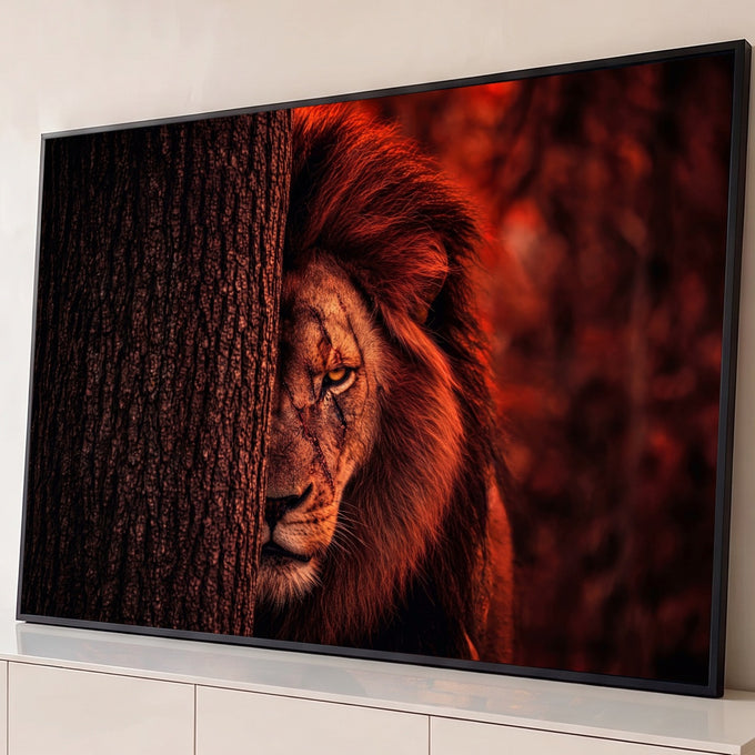 Quadro Decorativo Grande Leão Espreitando para Sala Vermelho | quadros decorativos para sala | leão com cicatrizes espreitando atrás de árvore em tons vermelhos intensos | Porao dos Quadros