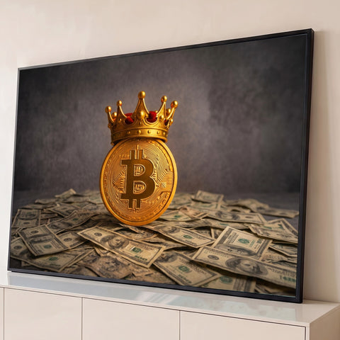Moeda de Bitcoin dourada com coroa de rei sobre notas de dólar em fundo cinza escuro, quadro decorativo