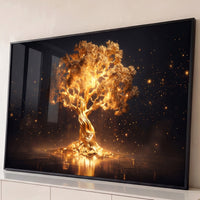 Quadro Decorativo Grande Árvore Luminosa para Sala Dourado - Borda Infinita / 65x100cm
