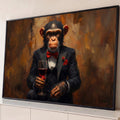 Pintura a óleo de chimpanzé de smoking e gravata vermelha segurando taça de vinho, quadro decorativo