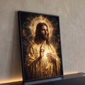 Quadro Decorativo Grande Jesus Cristo Halo Dourado para Sala | quadros decorativos para sala | Jesus Cristo com mãos erguidas emanando luz dourada e halo sagrado | Porao dos Quadros