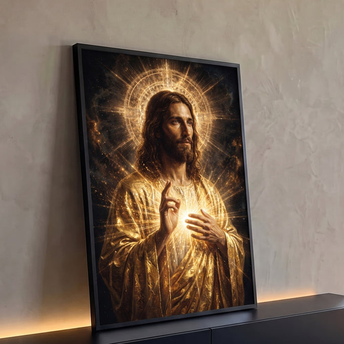 Quadro Decorativo Grande Jesus Cristo Halo Dourado para Sala | quadros decorativos para sala | Jesus Cristo com mãos erguidas emanando luz dourada e halo sagrado | Porao dos Quadros
