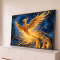 Quadro Decorativo Fênix Dourada em Céu Azul Turbilhonado | quadros decorativos para sala | fênix dourada com asas abertas sobre fundo azul em espirais estilo impressionista | Porao dos Quadros