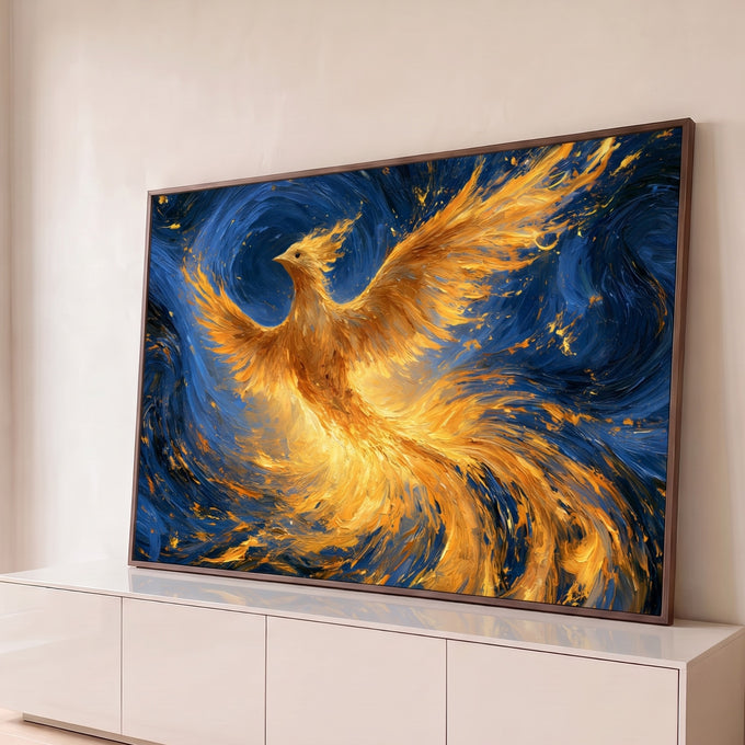 Quadro Decorativo Fênix Dourada em Céu Azul Turbilhonado | quadros decorativos para sala | fênix dourada com asas abertas sobre fundo azul em espirais estilo impressionista | Porao dos Quadros