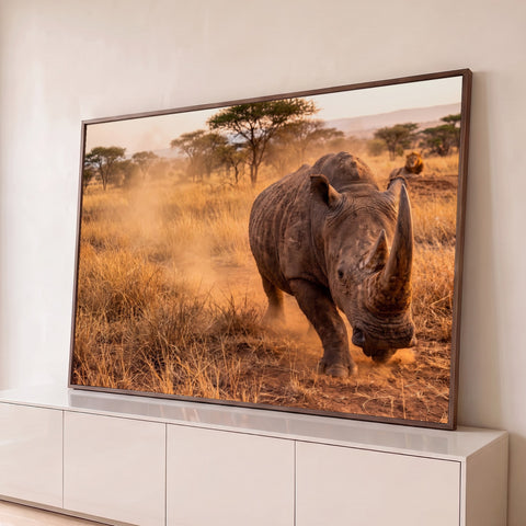 Rinoceronte avançando entre poeira dourada na savana africana, com leão ao fundo e acácias, quadro decorativo