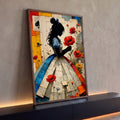 Silhueta de Alice com vestido azul segurando papoula vermelha em colagem floral, quadro decorativo