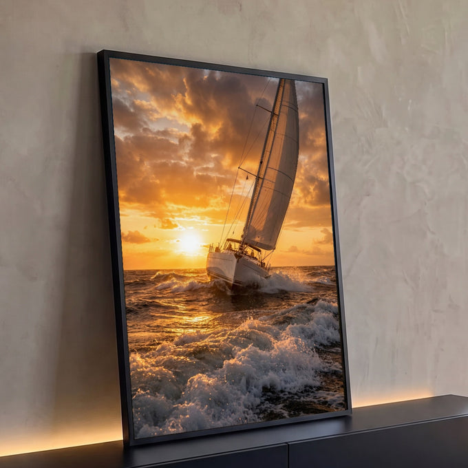 Quadro Decorativo Grande Veleiro Branco para Sala Laranja | quadros decorativos para sala | veleiro branco cortando ondas douradas sob céu de pôr do sol dramático | Porao dos Quadros