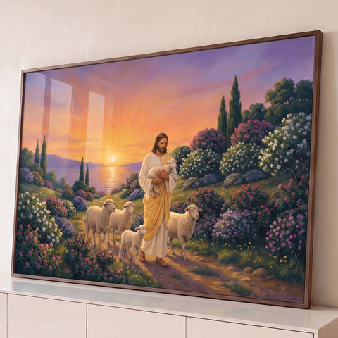 Jesus Bom Pastor segura cordeiro entre ovelhas em jardim florido à beira do lago ao pôr do sol, quadro decorativo
