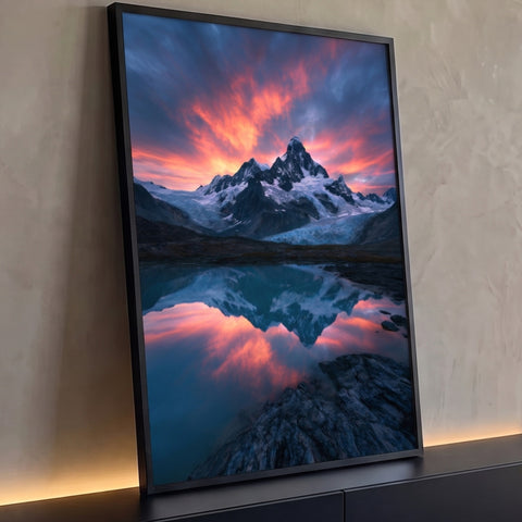 Montanha nevada com geleira sob céu laranja de pôr do sol refletida em lago azul, quadro decorativo