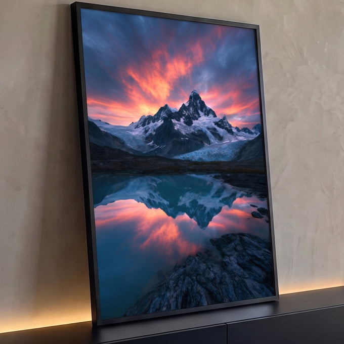 Montanha nevada com geleira sob céu laranja de pôr do sol refletida em lago azul, quadro decorativo