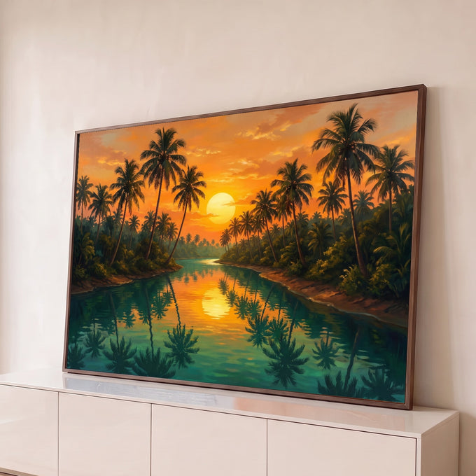Quadro Decorativo Grande Pôr do Coqueiros para Sala Laranja | quadros decorativos para sala | pôr do sol laranja entre coqueiros refletidos em rio verde-azulado | Porao dos Quadros