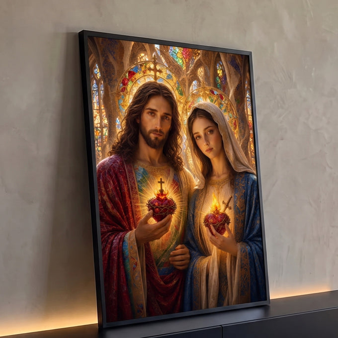 Quadro Decorativo Grande Sagrados para Sala | quadros decorativos para sala | Jesus e Maria segurando corações sagrados em chamas diante de vitrais coloridos | Porao dos Quadros