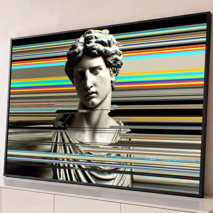 Busto de estátua grega em mármore atravessado por listras coloridas em efeito glitch, quadro decorativo