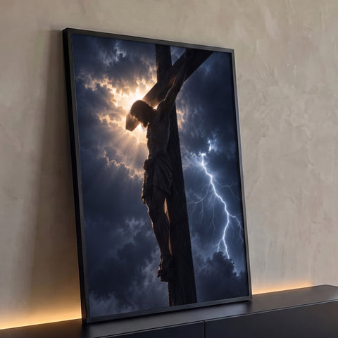 Jesus crucificado na cruz de madeira sob nuvens escuras, luz divina e relâmpago azul, quadro decorativo