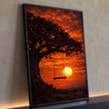 Quadro Decorativo Grande Balanço sob Árvore para Sala | quadros decorativos para sala | balanço de madeira sob árvore com pôr do sol laranja intenso ao fundo | Porao dos Quadros