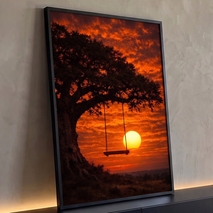 Quadro Decorativo Grande Balanço sob Árvore para Sala | quadros decorativos para sala | balanço de madeira sob árvore com pôr do sol laranja intenso ao fundo | Porao dos Quadros