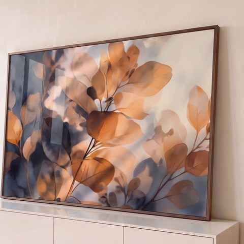 Folhas translúcidas em aquarela laranja e azul acinzentado, clima de outono, quadro decorativo