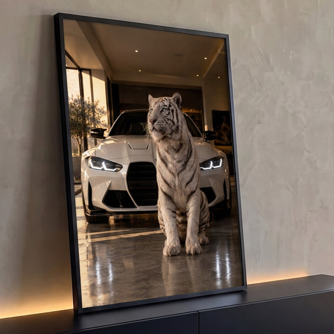 Tigre branco de olhos azuis sentado diante de carro esportivo branco em garagem de luxo, quadro decorativo