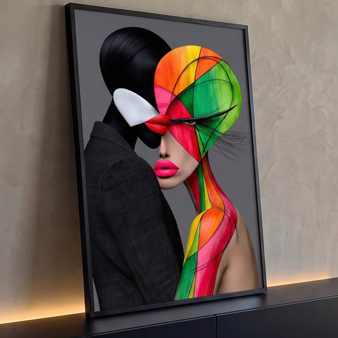 Mulher com rosto pintado em cores geométricas abraçada por figura preta em fundo cinza, quadro decorativo