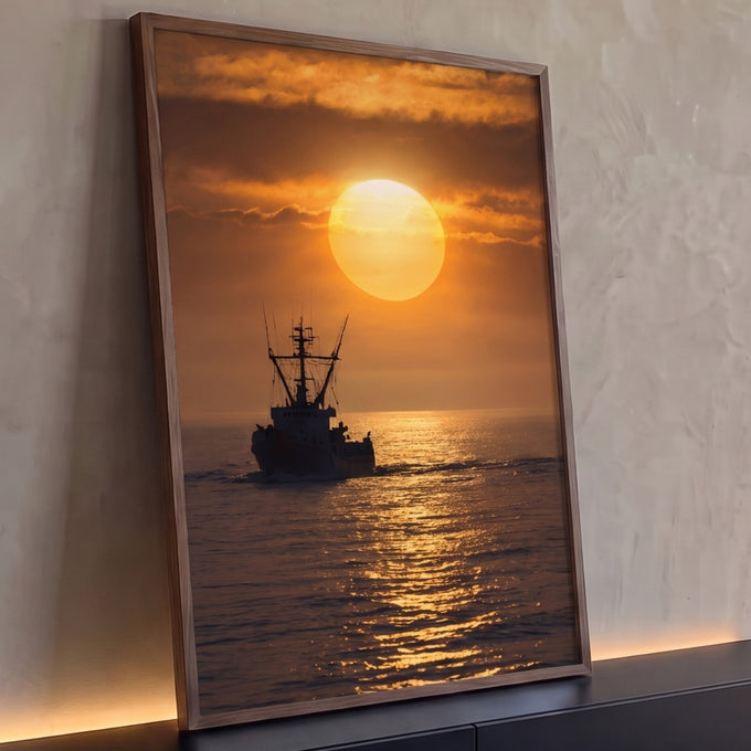 Barco pesqueiro em silhueta navegando sob sol gigante no mar dourado ao entardecer, quadro decorativo