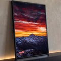 Pico nevado sob céu de nuvens vermelhas ao pôr do sol com pequeno lago refletindo, quadro decorativo