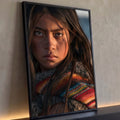 Quadro Decorativo Retrato de Jovem com Manto Tecido Colorido | quadros decorativos para sala | retrato de jovem com sardas e manto de lã colorido sob luz dourada | Porao dos Quadros