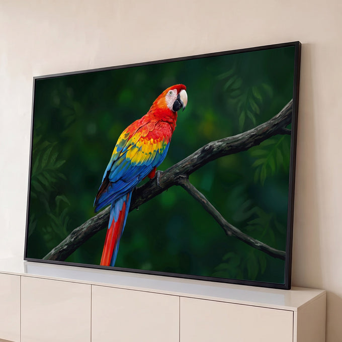 Arara vermelha com asas azuis e amarelas pousada em galho, fundo de floresta verde, quadro decorativo
