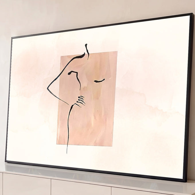 Silhueta feminina em traço preto contínuo sobre aquarela rosa nude, arte minimalista, quadro decorativo