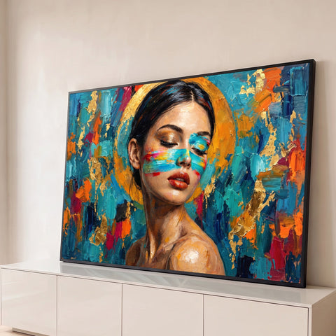 Mulher de olhos fechados com faixa colorida no rosto, auréola dourada e fundo azul texturizado, quadro decorativo