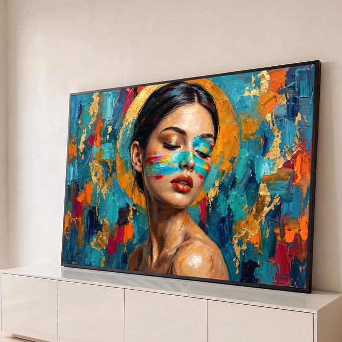 Mulher de olhos fechados com faixa colorida no rosto, auréola dourada e fundo azul texturizado, quadro decorativo