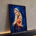 Quadro Decorativo Grande Nossa Senhora Pinceladas para Sala | quadros decorativos para sala | Nossa Senhora de manto azul segurando coração em chamas com cruz e espinhos | Porao dos Quadros