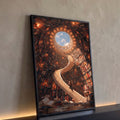 Torre de livros surreal com escada em espiral, menino subindo e claraboia de céu azul, quadro decorativo