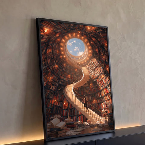 Torre de livros surreal com escada em espiral, menino subindo e claraboia de céu azul, quadro decorativo