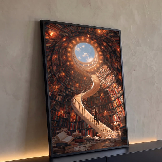 Torre de livros surreal com escada em espiral, menino subindo e claraboia de céu azul, quadro decorativo