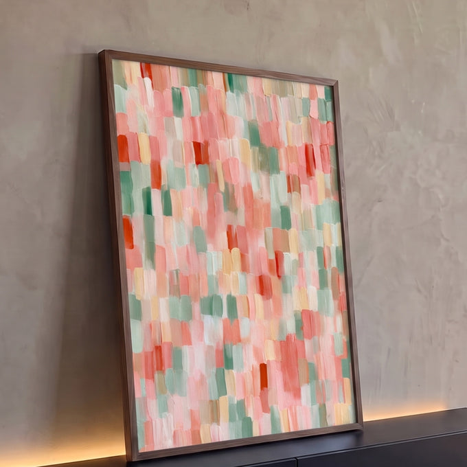 Quadro Decorativo Grande Mosaico Abstrato para Sala Rosa | quadros decorativos para sala | mosaico abstrato de pinceladas verticais em rosa, verde e pêssego | Porao dos Quadros